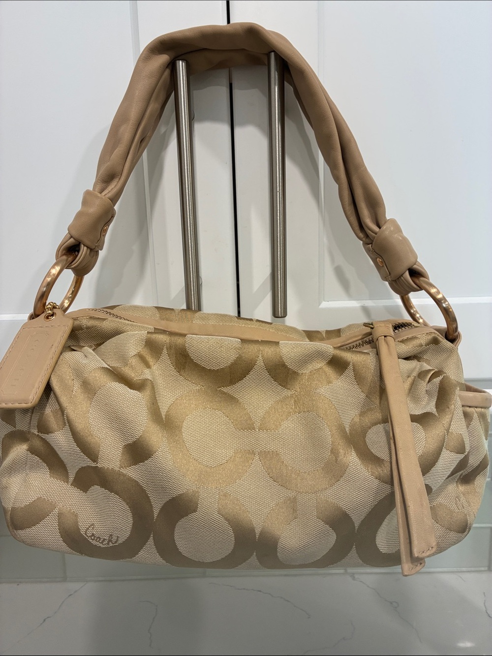 Coach Tan Signature Canvas Shoulder Bag with Leather Trim